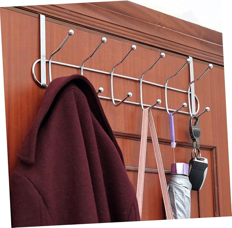 Stainless Steel Over The Door Hook Rack 6 Hooks No Drill Clothes Organizer For Home Kitchen - Image 5